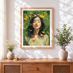 Finished green leaf flower crown woman cross stitch artwork displayed