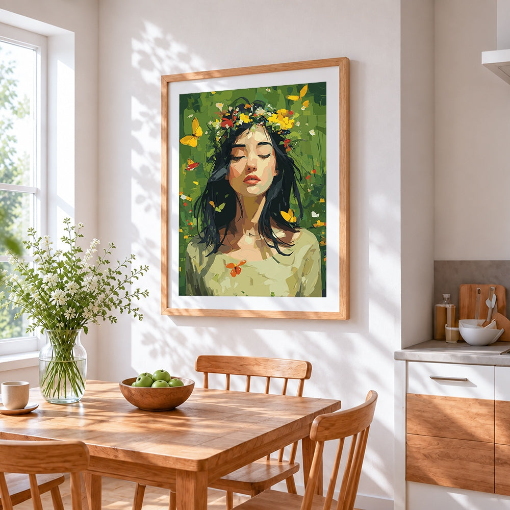 Green leaf flower crown woman cross stitch artwork displayed on wall as home decor