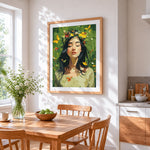 Green leaf flower crown woman cross stitch artwork displayed on wall as home decor