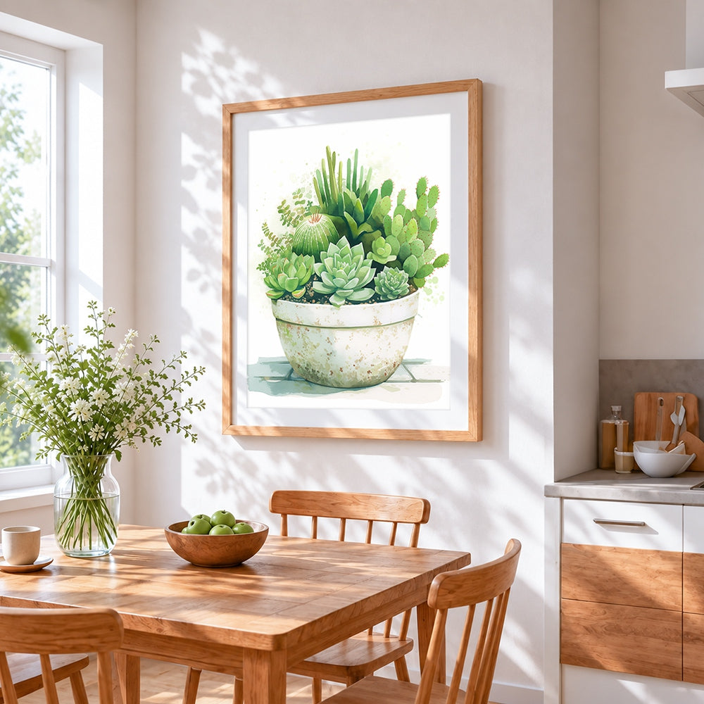 Green potted succulents cross stitch artwork displayed on wall as home decor