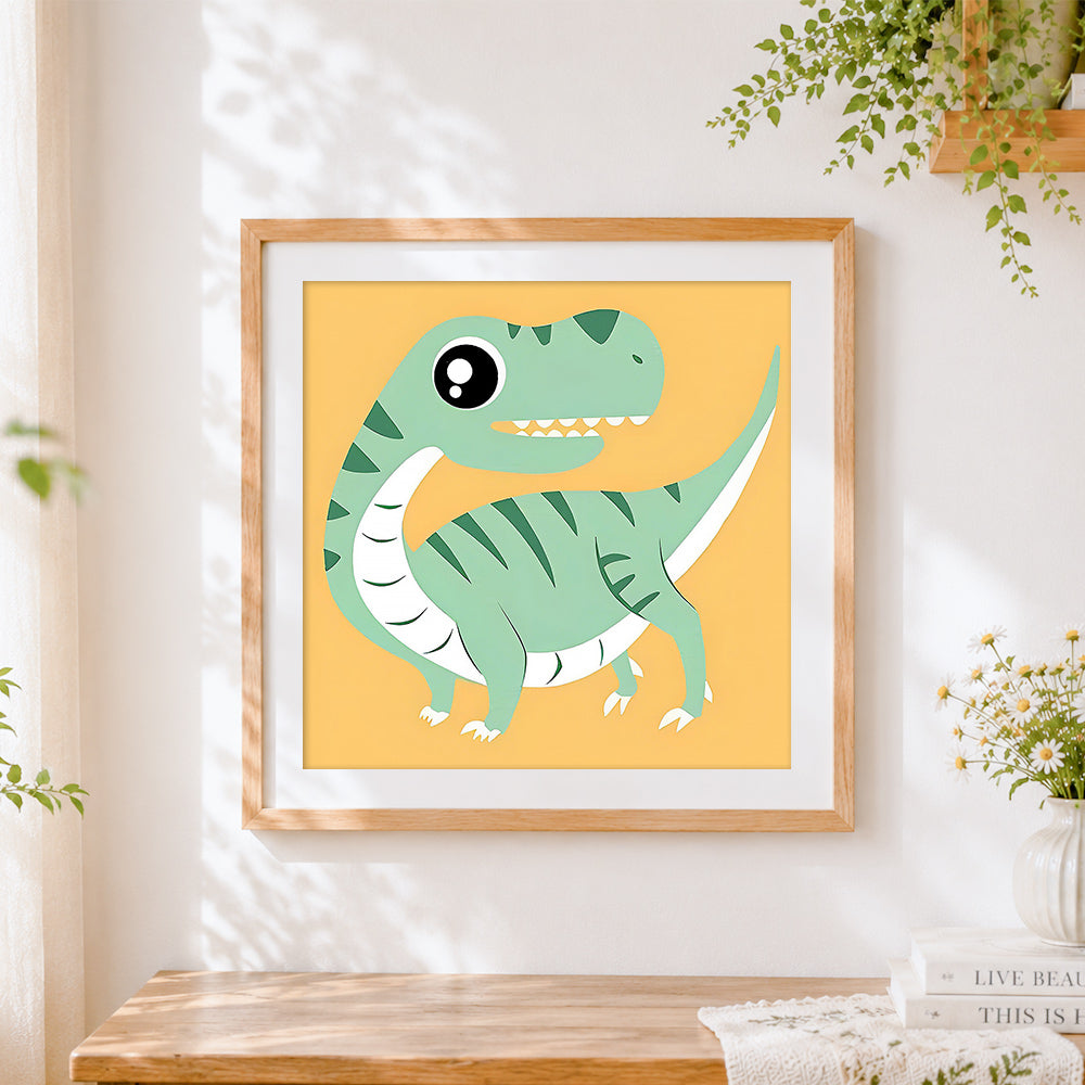 Finished green t-rex dinosaur cross stitch artwork displayed