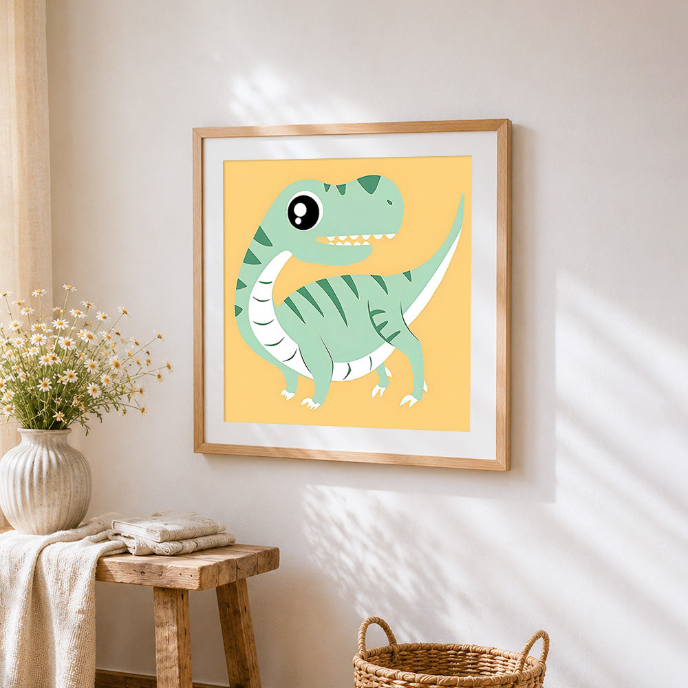 Green t-rex dinosaur cross stitch artwork displayed on wall as home decor