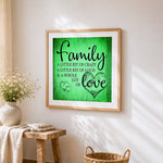 Green texture family and love quote cross stitch artwork displayed on wall as home decor