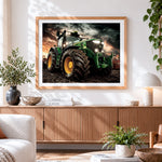 Finished green tractor in stormy field cross stitch artwork displayed
