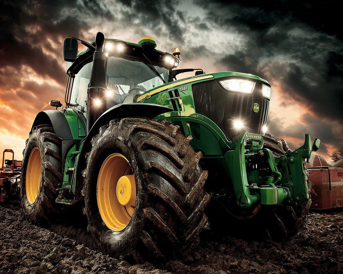 Green tractor in stormy field paint by numbers kit for beginners