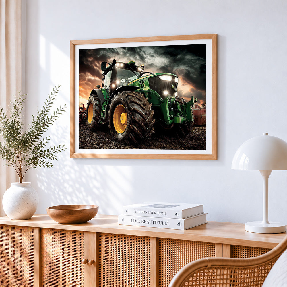 Green tractor in stormy field paint by numbers artwork displayed on wall as home decor