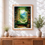 Finished green window reading nook cross stitch artwork displayed