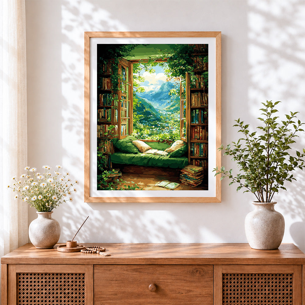 Finished green window reading nook cross stitch artwork displayed