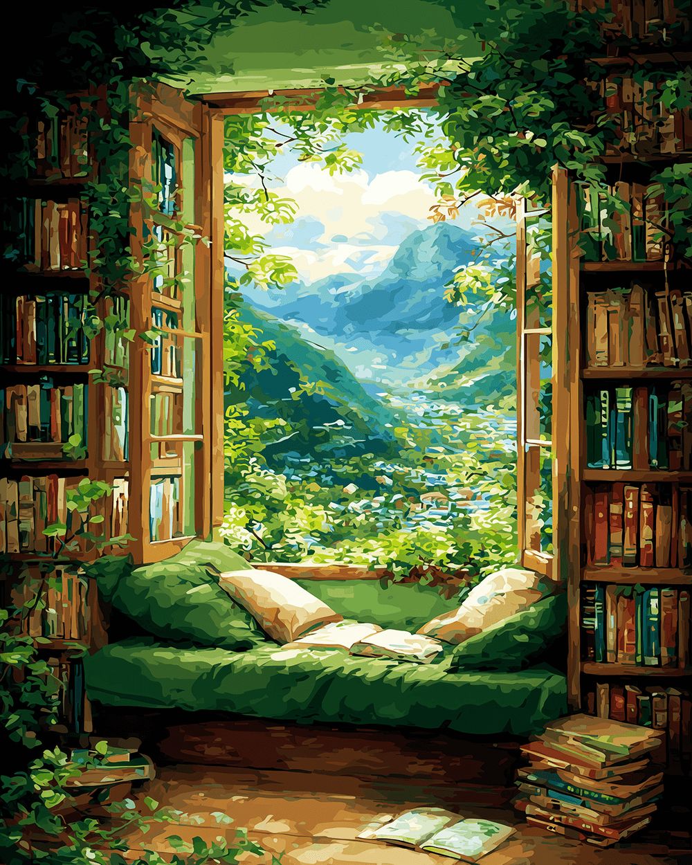 Green window reading nook cross stitch kit for beginners