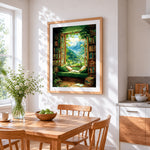Green window reading nook cross stitch artwork displayed on wall as home decor
