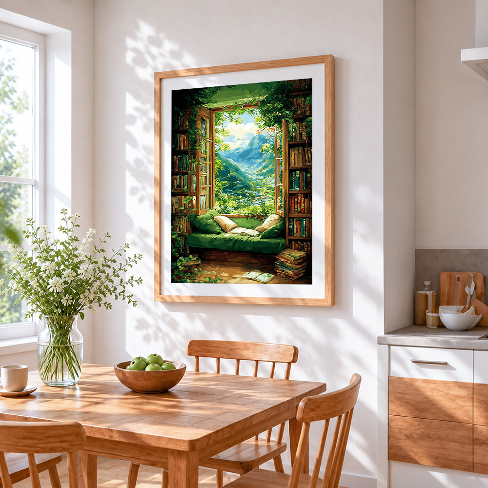 Green window reading nook cross stitch artwork displayed on wall as home decor