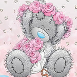 Grey bear with pink rose cross stitch kit for beginners