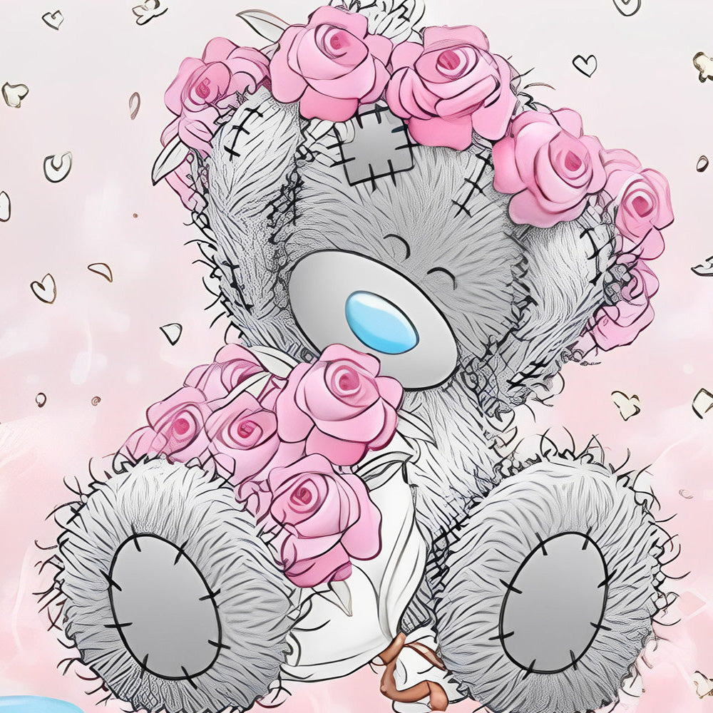 Grey bear with pink rose cross stitch kit for beginners