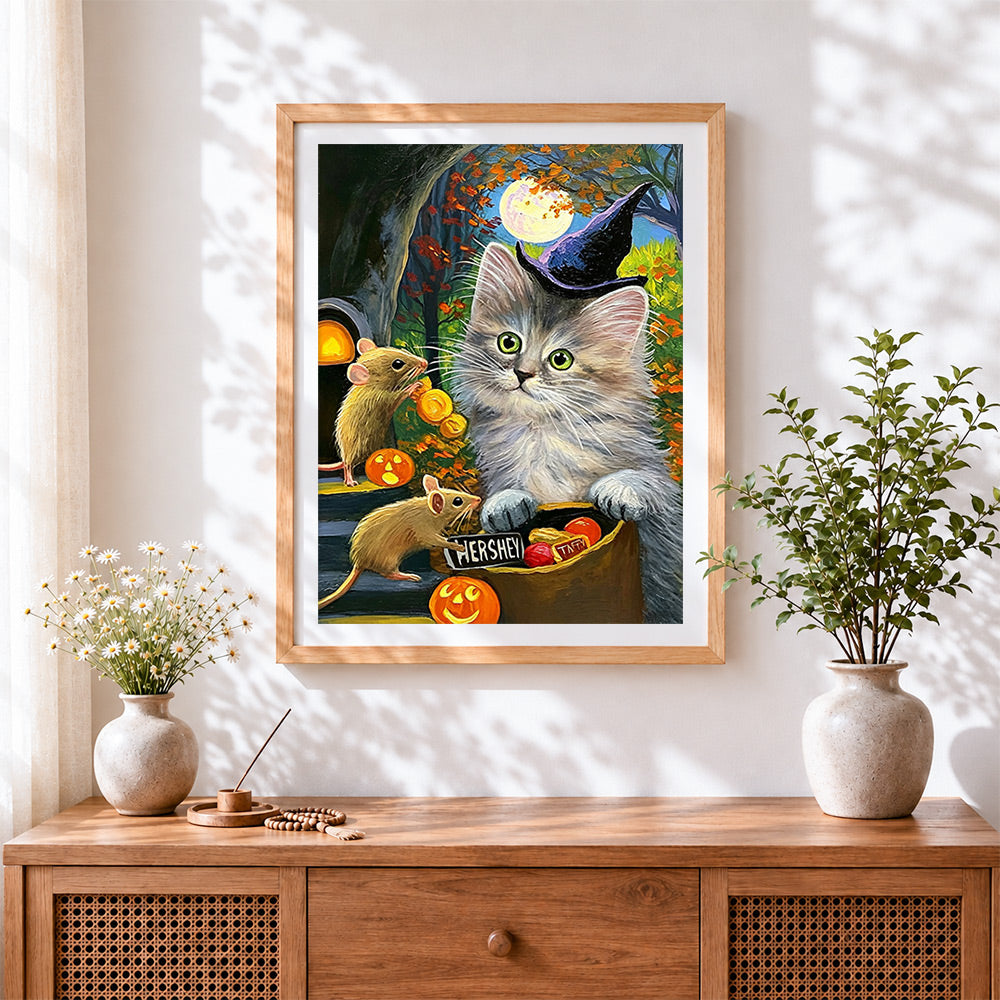 Finished grey cat, mice and halloween sweets cross stitch artwork displayed