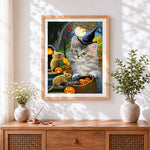 Finished grey cat, mice and halloween sweets cross stitch artwork displayed