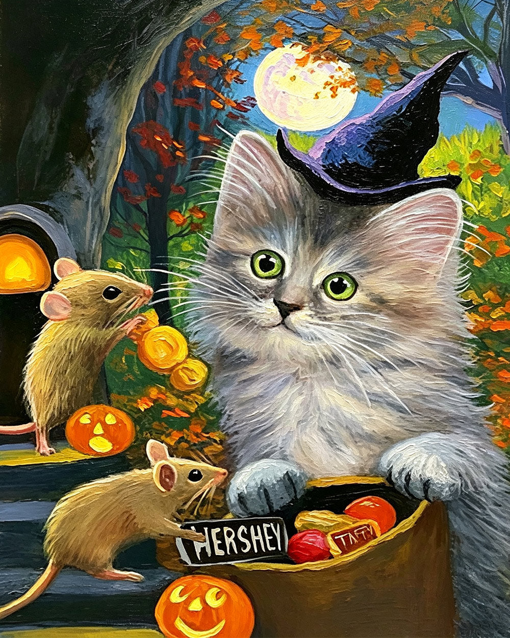 Grey cat, mice and halloween sweets cross stitch kit for beginners