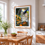 Grey cat, mice and halloween sweets cross stitch artwork displayed on wall as home decor
