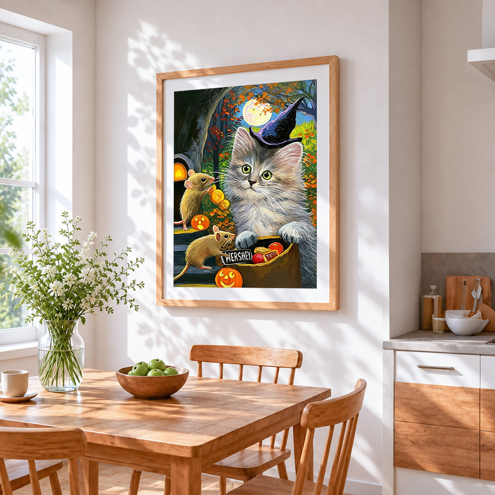 Grey cat, mice and halloween sweets cross stitch artwork displayed on wall as home decor
