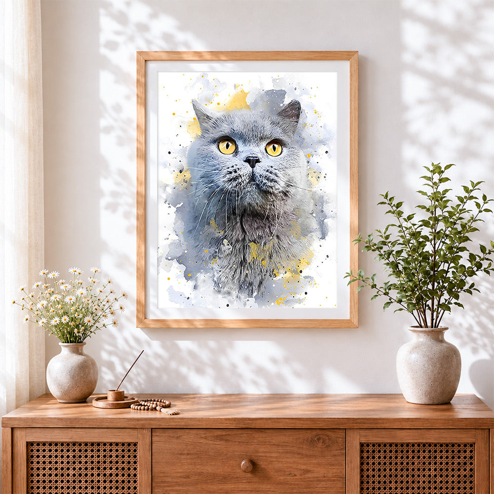 Finished grey cat watercolour portrait cross stitch artwork displayed
