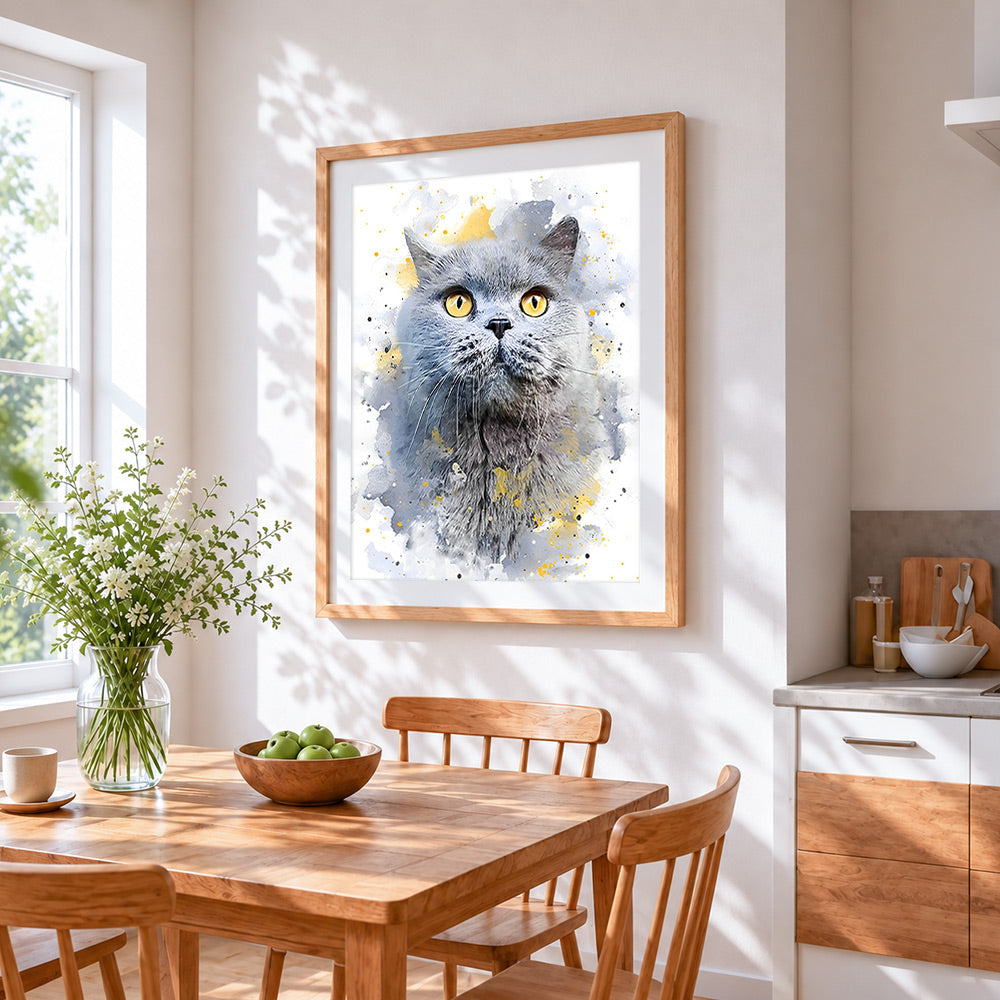 Grey cat watercolour portrait cross stitch artwork displayed on wall as home decor