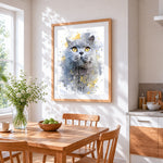 Grey cat watercolour portrait cross stitch artwork displayed on wall as home decor