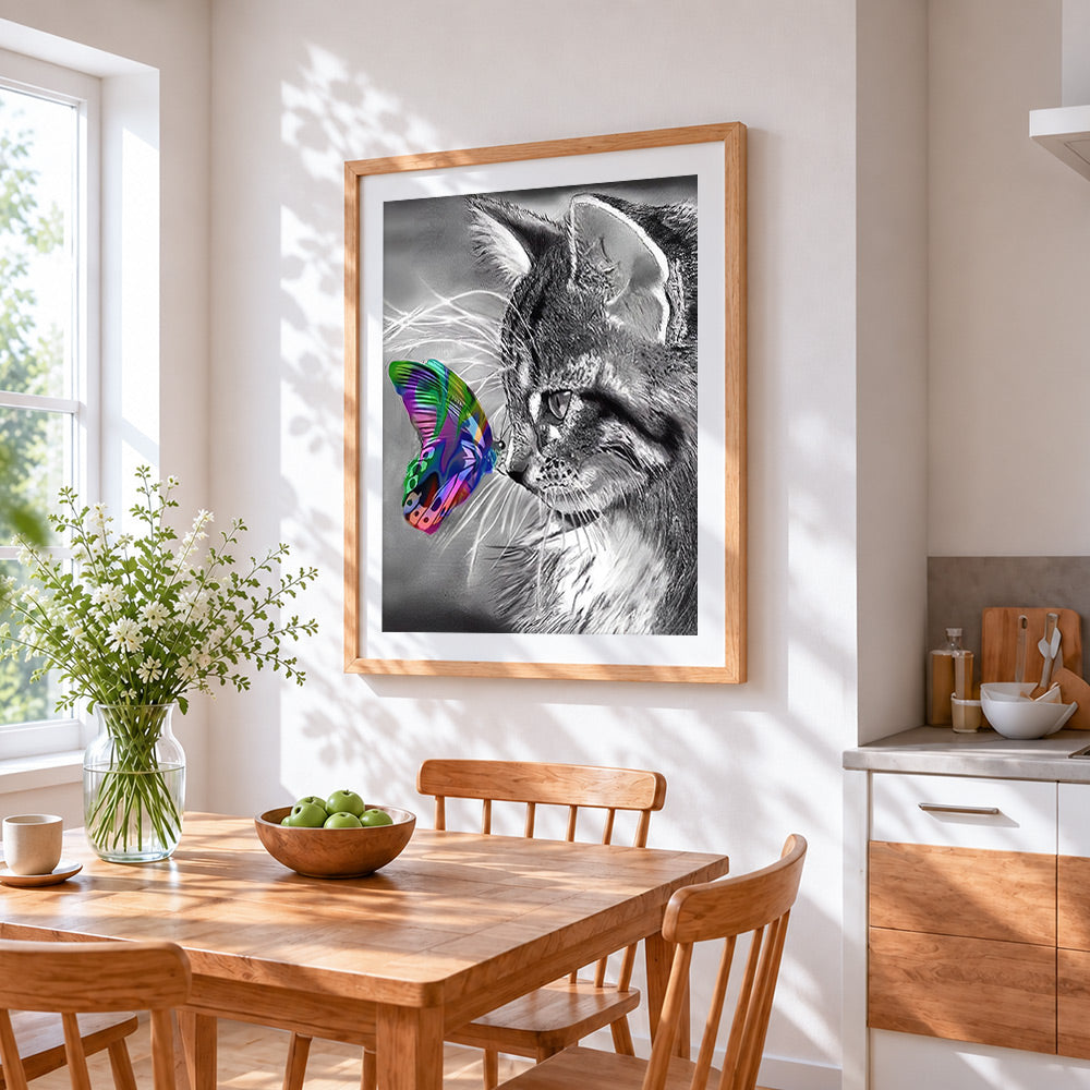 Grey cat with a colourful butterfly cross stitch artwork displayed on wall as home decor