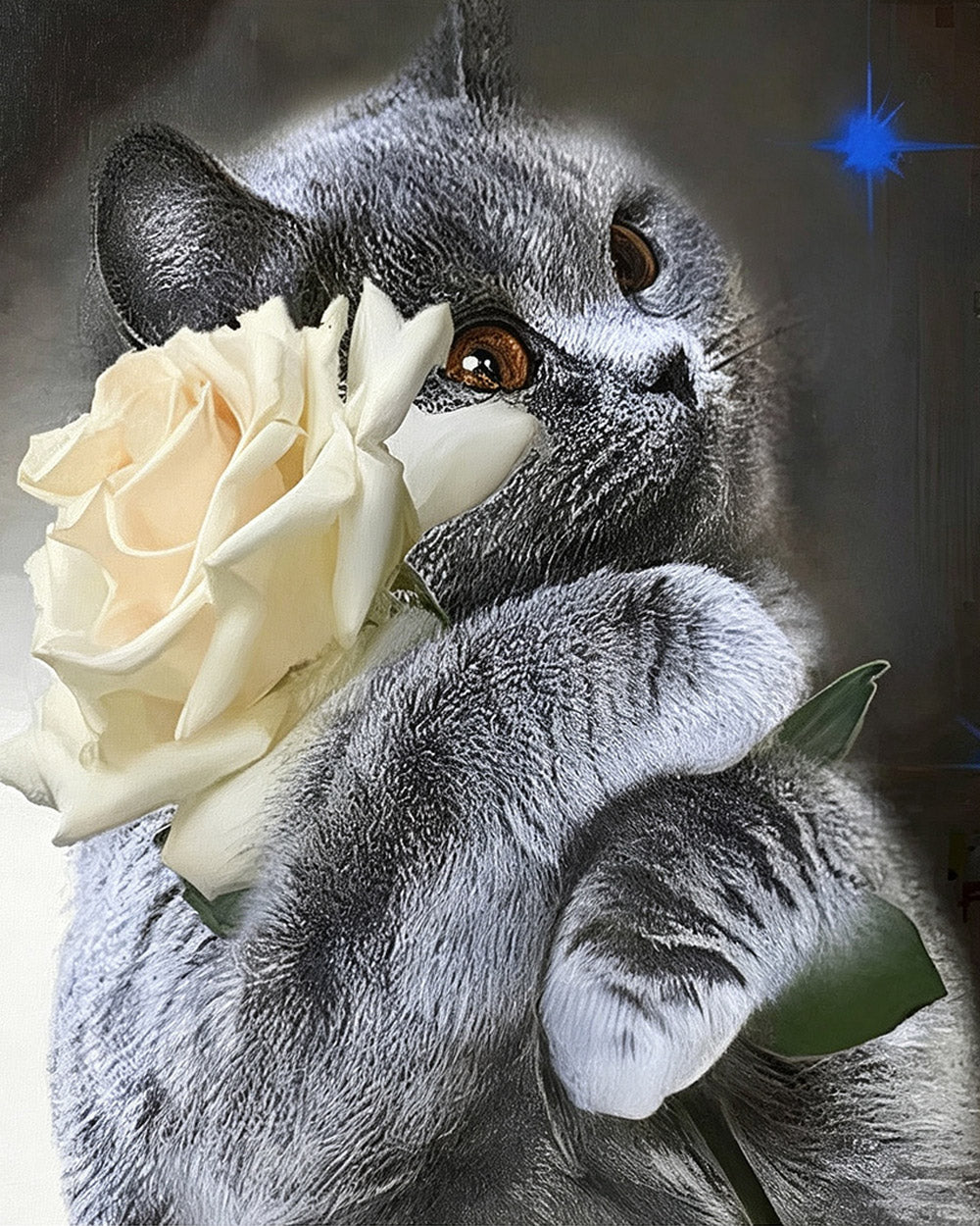 Grey cat with a white rose cross stitch kit for beginners