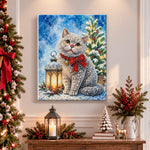 Finished grey cat with festive lantern pearl diamond painting artwork displayed as holiday home decor