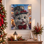 Finished grey kitten in festive top hat pearl diamond painting artwork displayed as holiday home decor