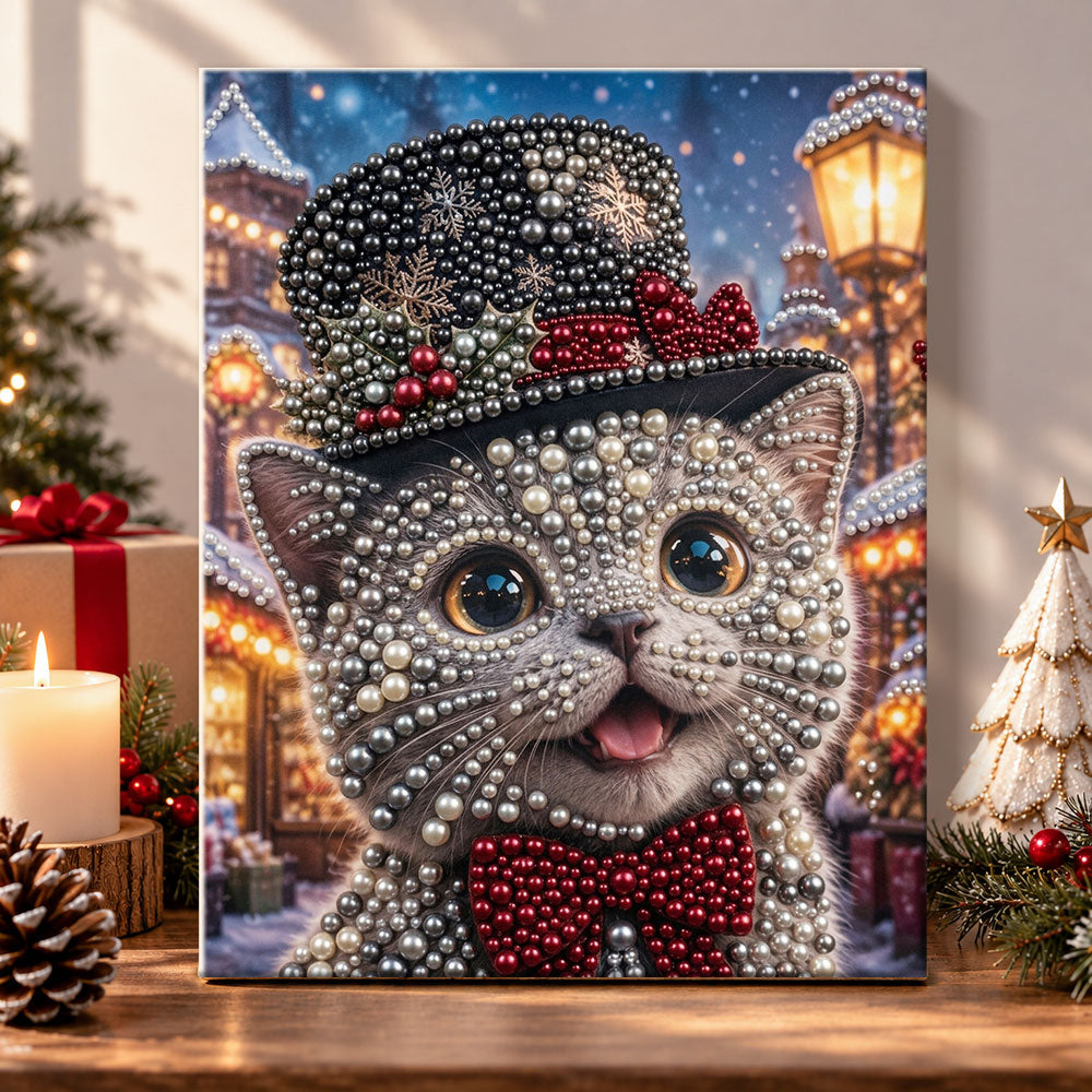 Grey kitten in festive top hat pearl diamond painting kit for beginners