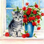 Grey kitten with red roses cross stitch kit for beginners