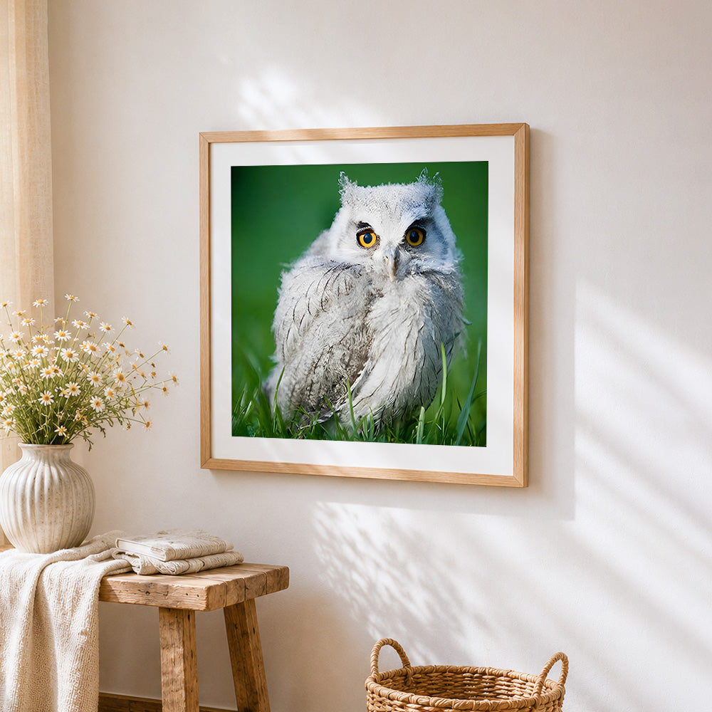 Grey owl sitting in grass cross stitch artwork displayed on wall as home decor