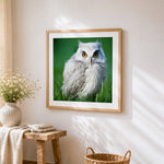 Grey owl sitting in grass cross stitch artwork displayed on wall as home decor