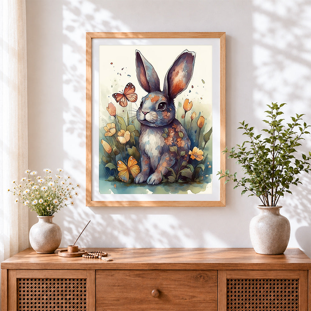 Finished grey rabbit in a wildflower meadow cross stitch artwork displayed
