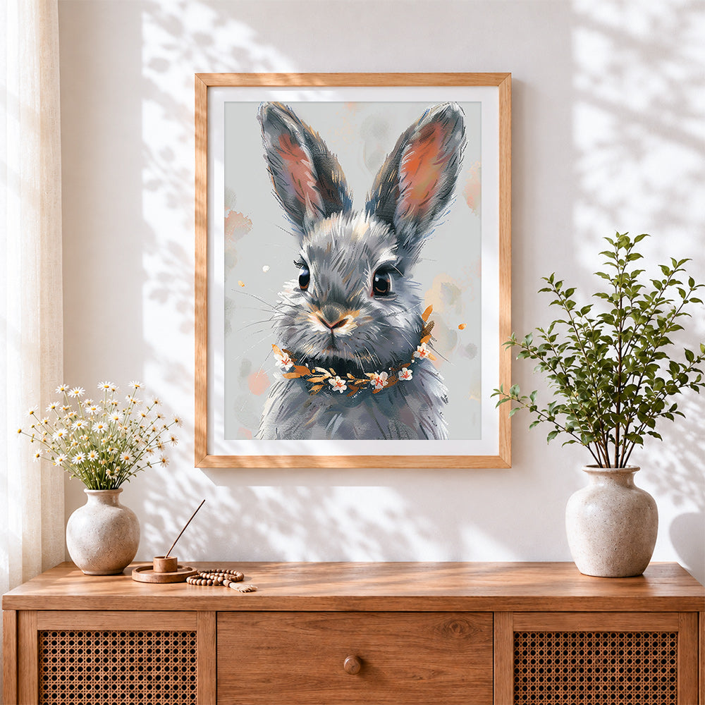 Finished grey rabbit with a floral crown cross stitch artwork displayed