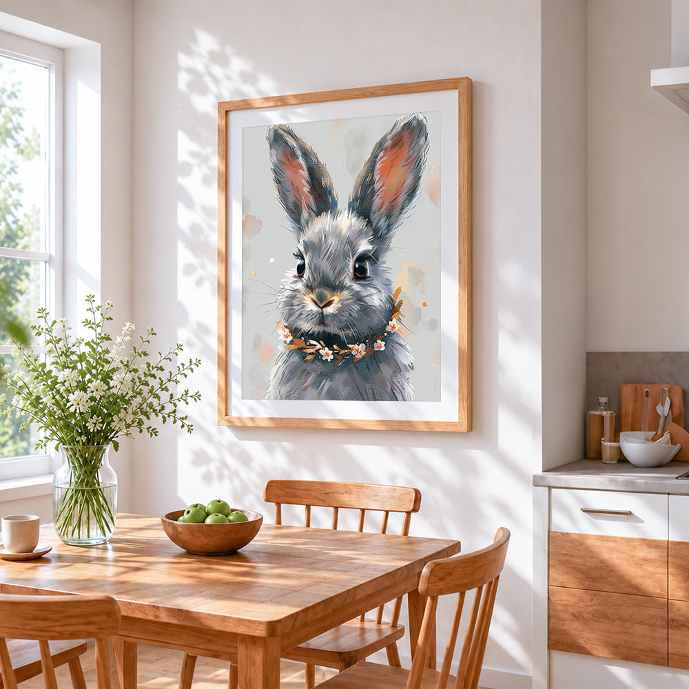 Grey rabbit with a floral crown cross stitch artwork displayed on wall as home decor
