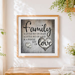 Finished grey texture family quote cross stitch artwork displayed