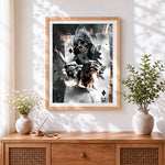 Finished grim reaper with burning playing cards cross stitch artwork displayed