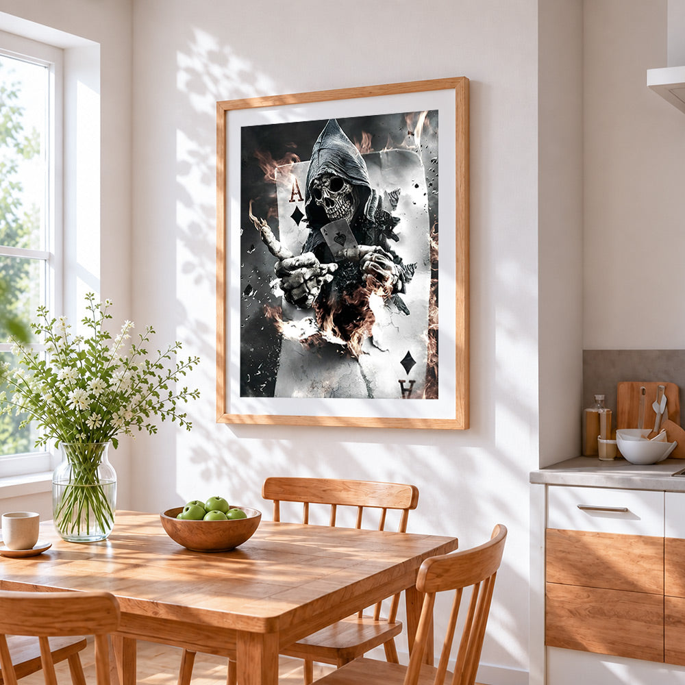 Grim reaper with burning playing cards cross stitch artwork displayed on wall as home decor