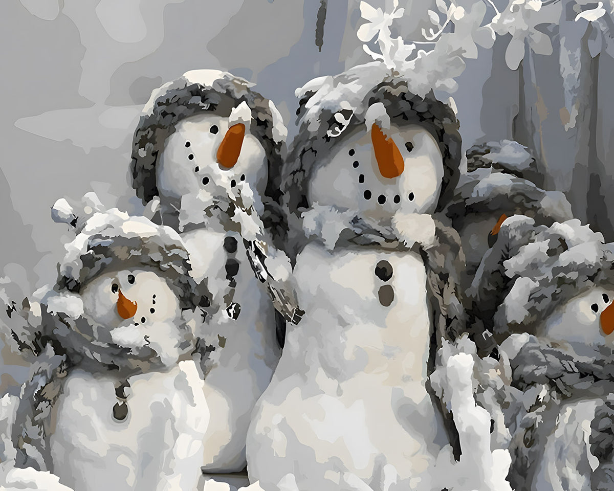 Group of snowmen in winter hats cross stitch kit for beginners