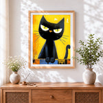 Finished grumpy black cat cross stitch artwork displayed