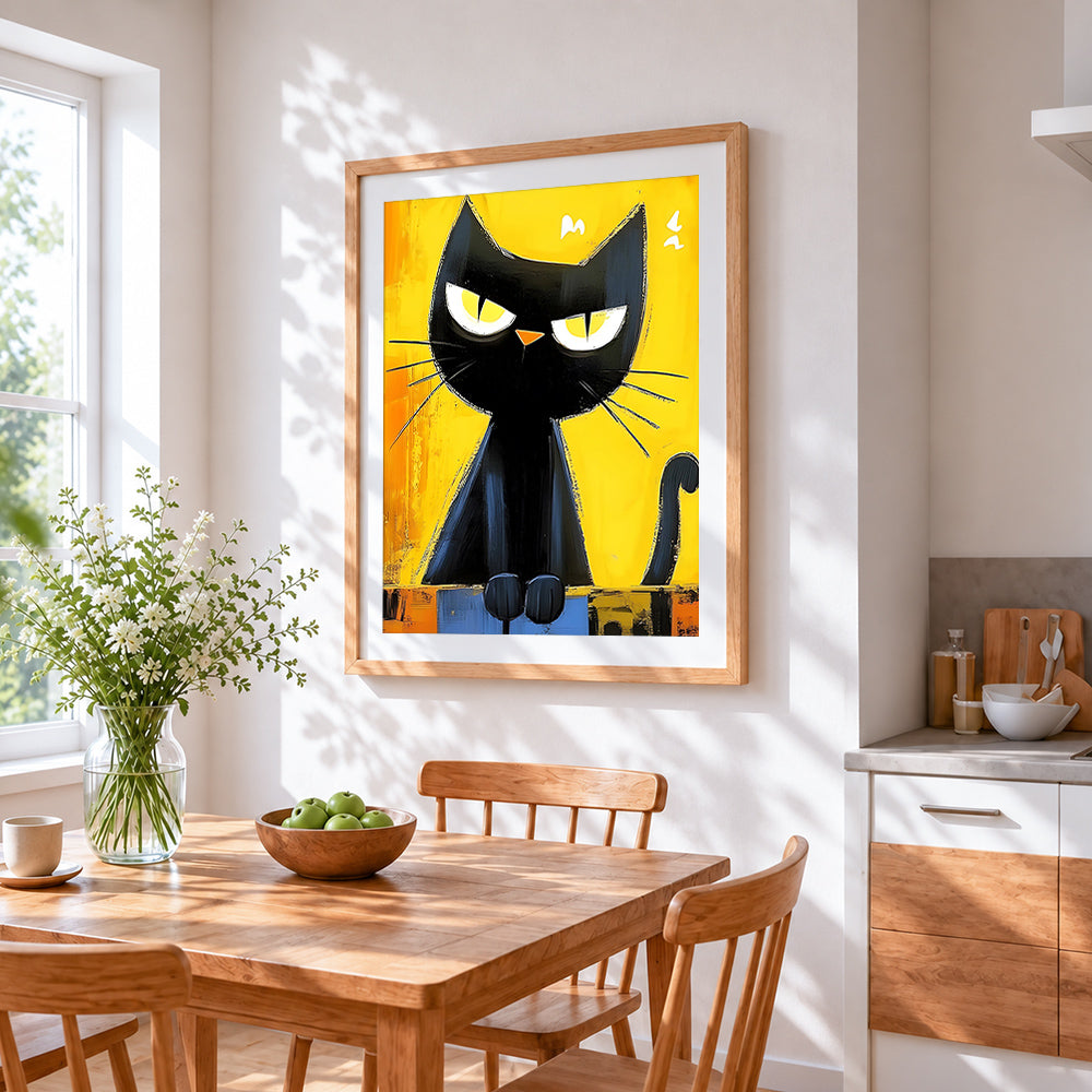 Grumpy black cat cross stitch artwork displayed on wall as home decor