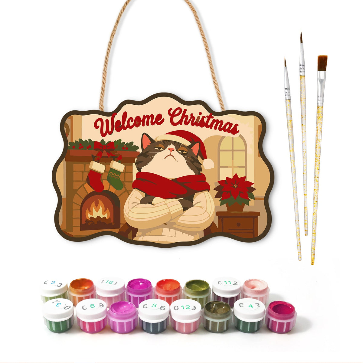 Grumpy cat christmas paint by numbers door hanger with paints and brushes
