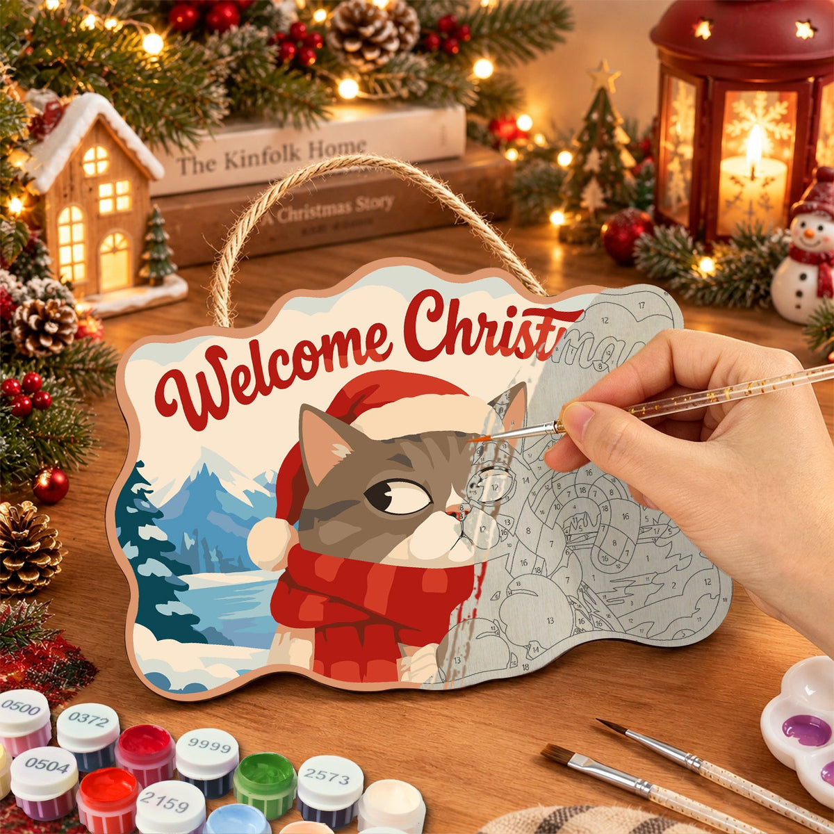 Grumpy cat with candy cane paint by numbers door hanger painting process