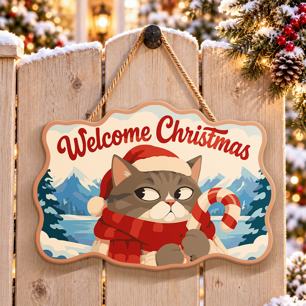 Grumpy cat with candy cane paint by numbers door hanger on a garden gate