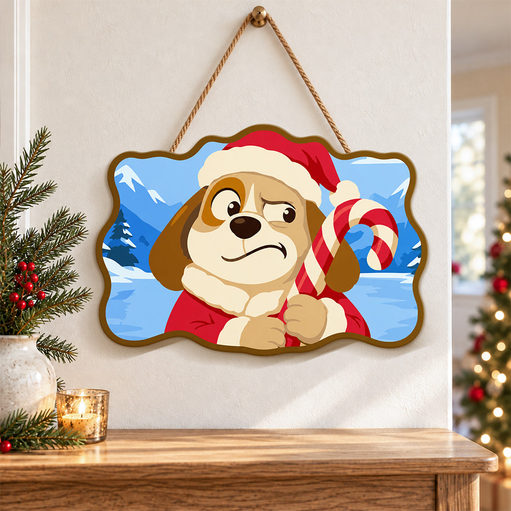 Grumpy dog and candy cane paint by numbers door hanger as indoor wall decor