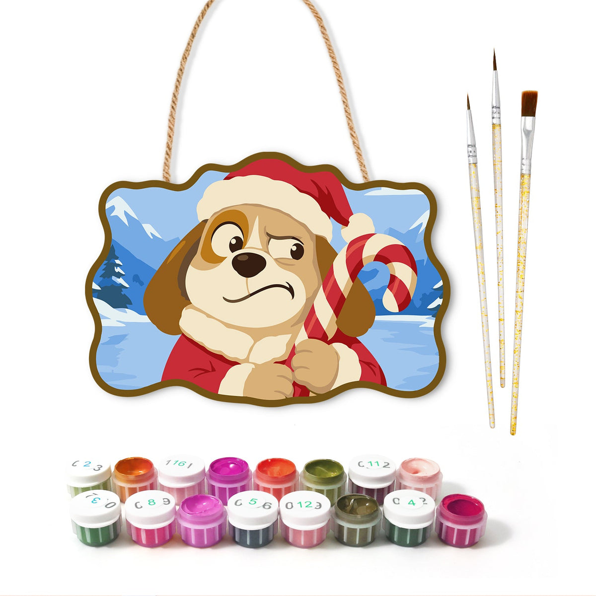 Grumpy dog and candy cane paint by numbers door hanger with paints and brushes