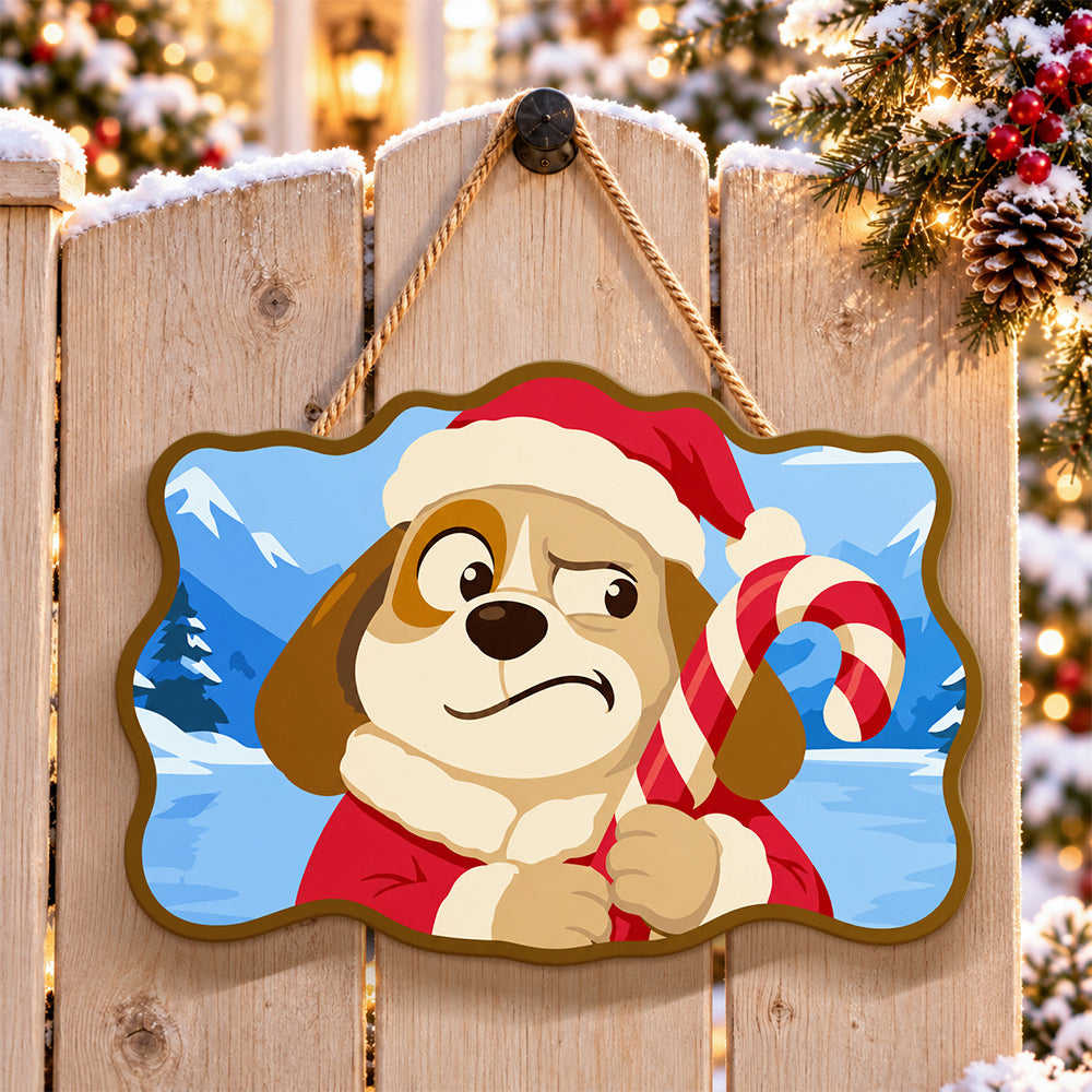 Grumpy dog and candy cane paint by numbers door hanger on a garden gate
