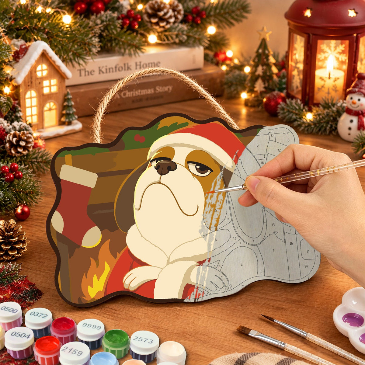 Grumpy santa dog paint by numbers door hanger painting process