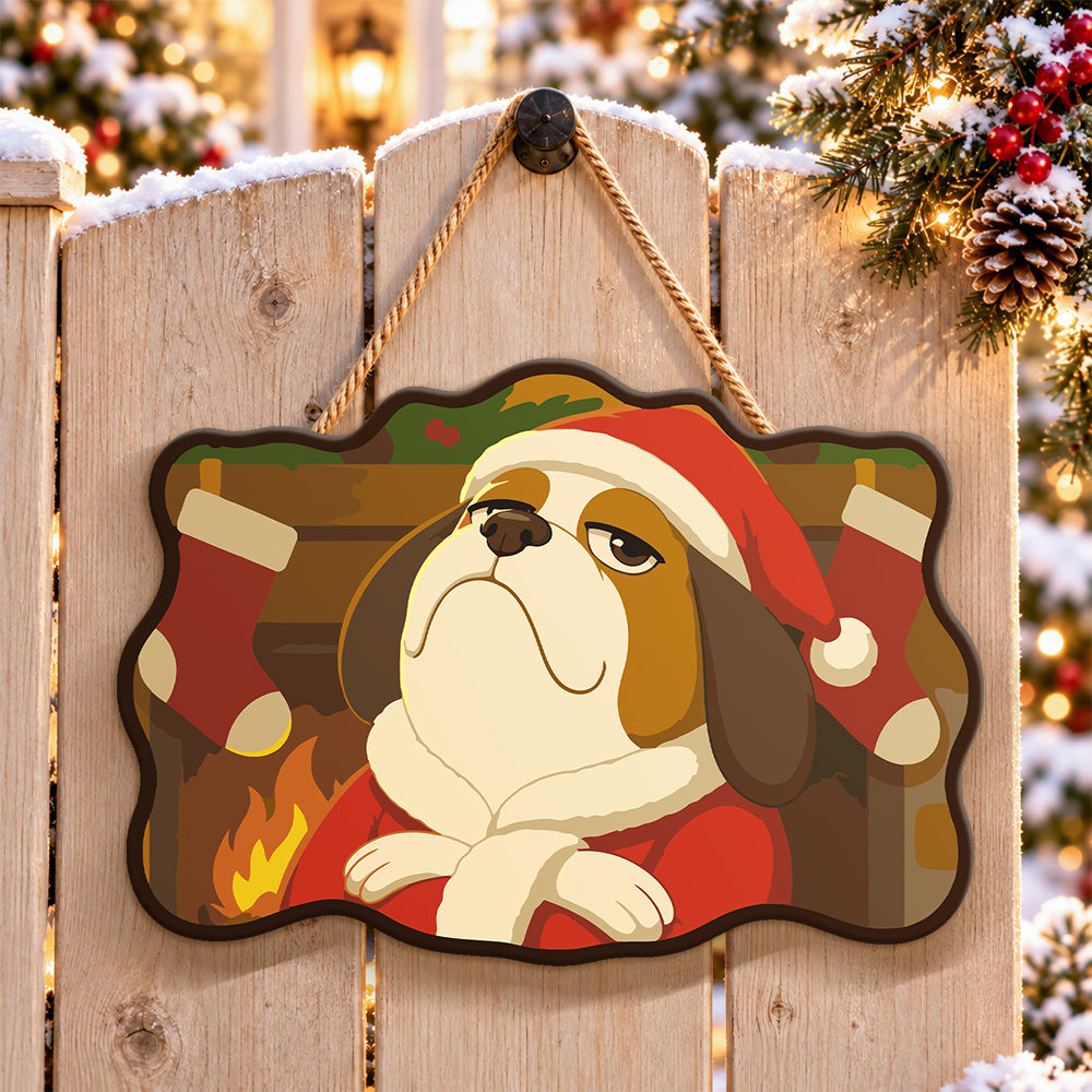 Grumpy santa dog paint by numbers door hanger on a garden gate